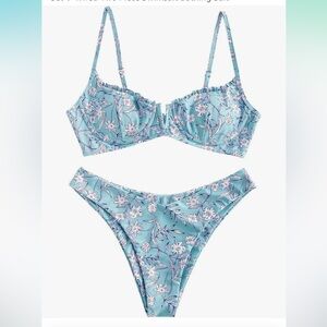 NWT Zaful Underwire High Cut Bikini Set Womens 6 Blue Floral